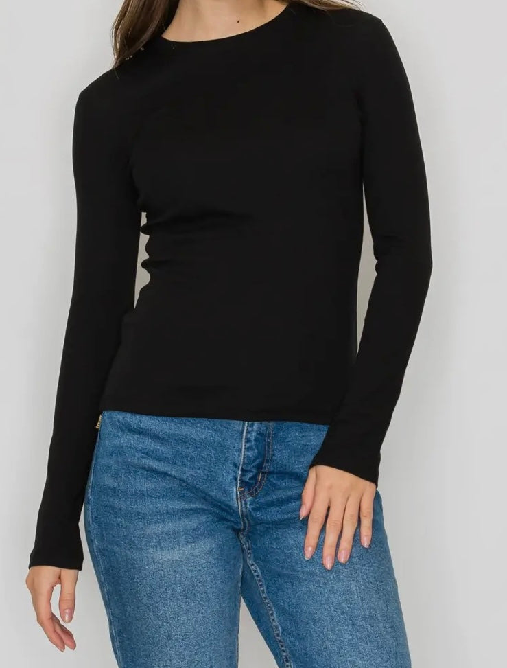 Black-Long Sleeve Ribbed Tee