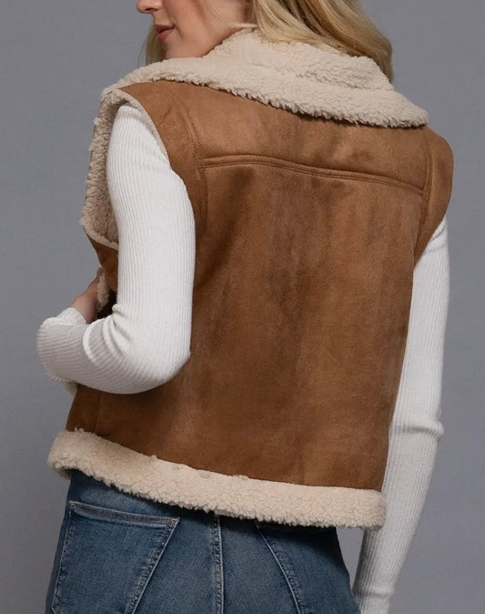 Faux Suede Inner Fur Zip-Up Vest