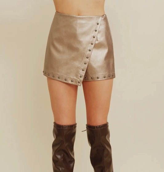 Studded Pleather Wrap Skort