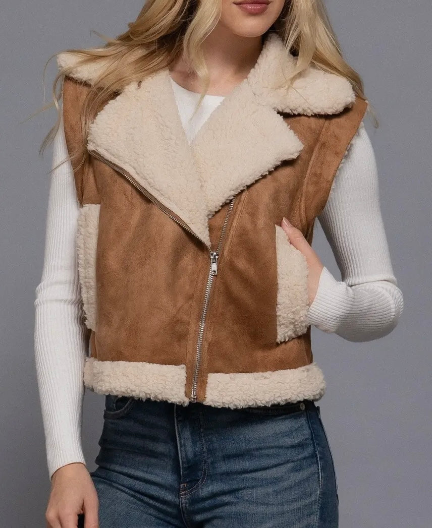 Faux Suede Inner Fur Zip-Up Vest