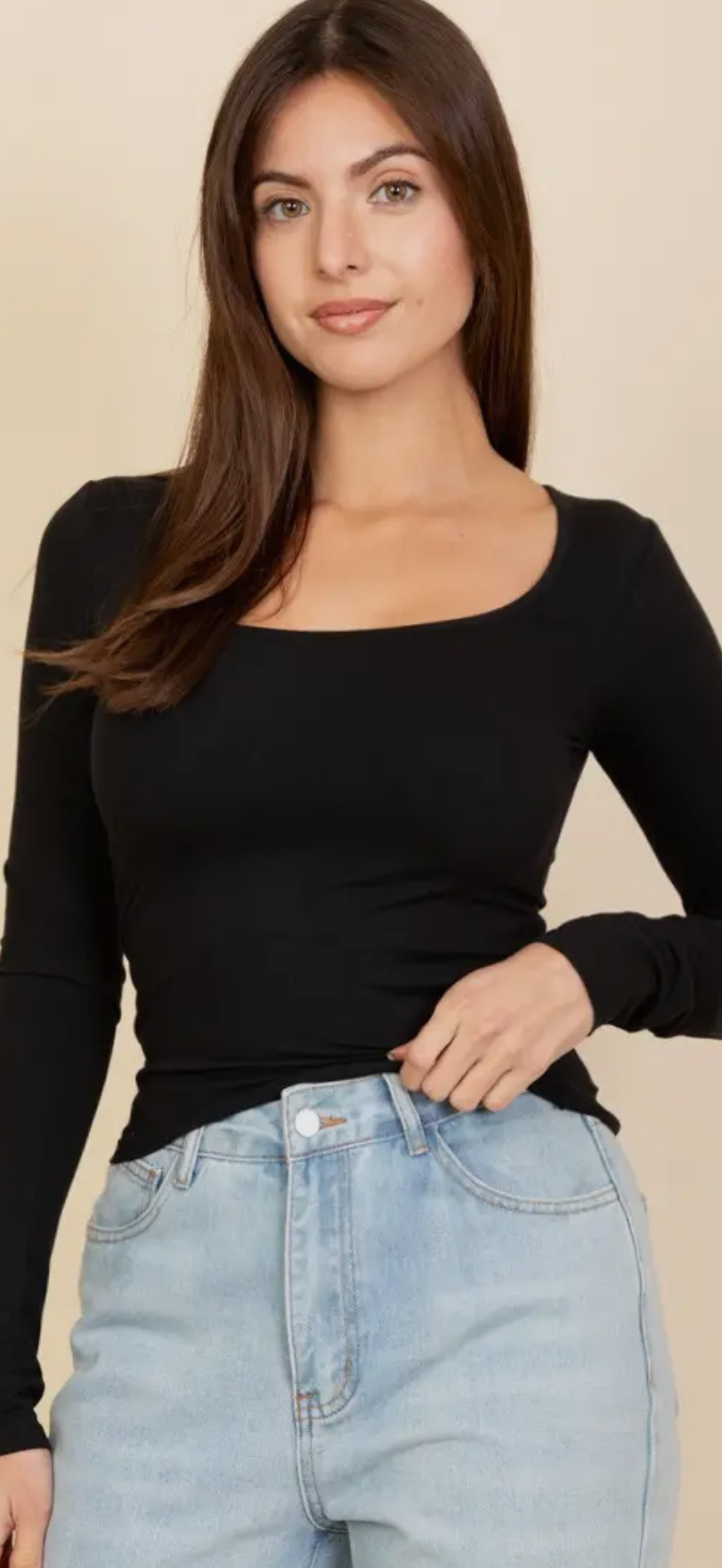 Black Square Neck Long Sleeve Top